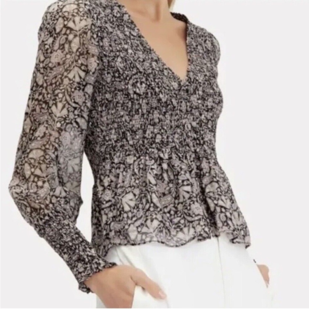 Intermix Silk Blouse Sheer Smocked Black Lavender Floral V Neck Puff Sleeve